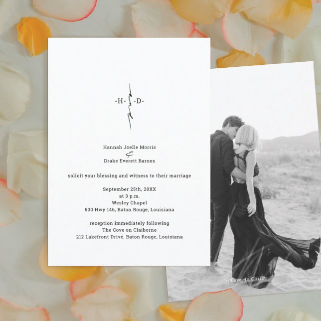 Convites Casamento Centrado Com Cruz Chic Com Letra Mão Mon (Criador carregado)