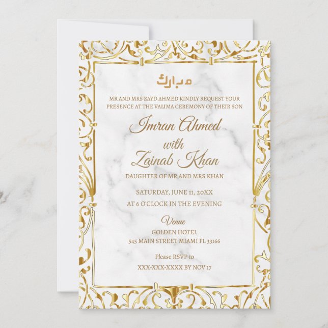 Convites Casamento Cerimônia Valima com Mármore Branco e Re (Frente)