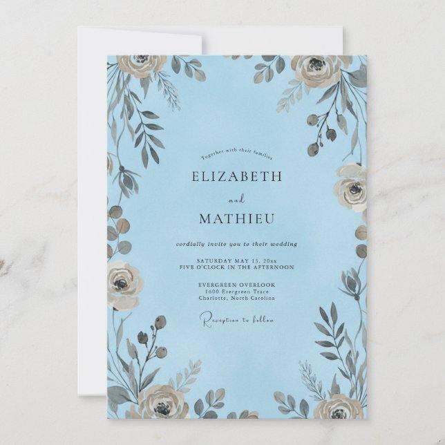 Convites Casamento Cerúleo com Flor de Taupe (Frente)