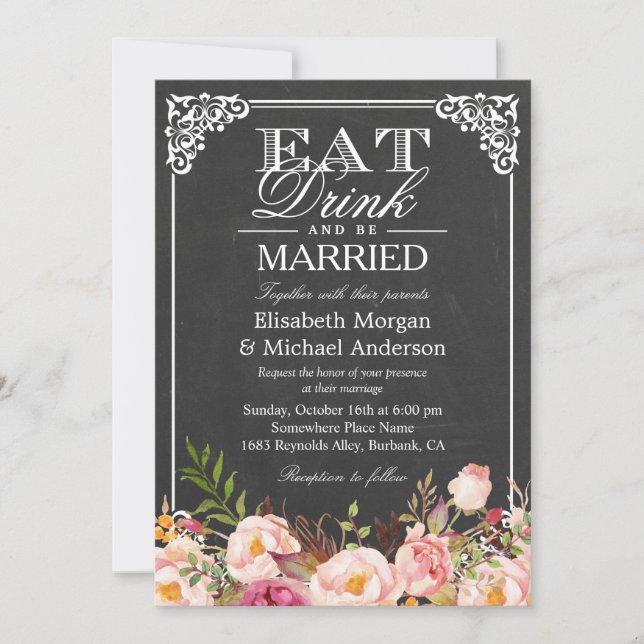 Convites Casamento Chalkboard Floral Bebida EAT e Casamento (Frente)