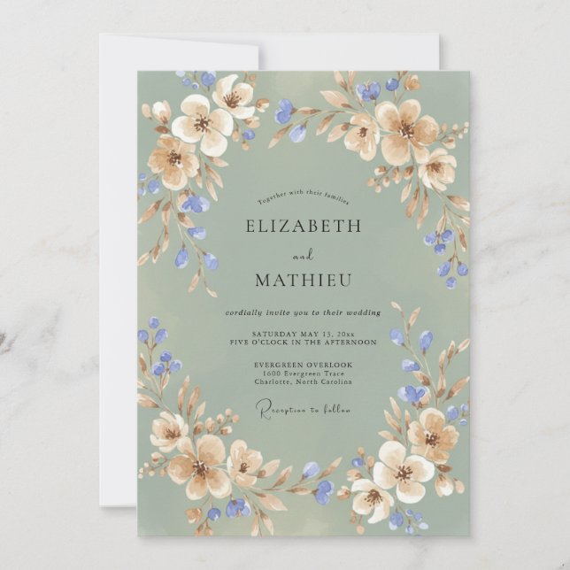 Convites Casamento Champagne Blush Peônia Periwinkle (Frente)