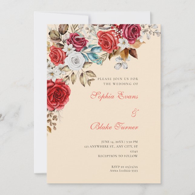 Convites Casamento Champagne com Rosas Vermelhas e Brancas  (Frente)