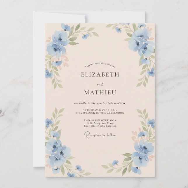 Convites Casamento Champanhe Cornflower Eucalipto (Frente)