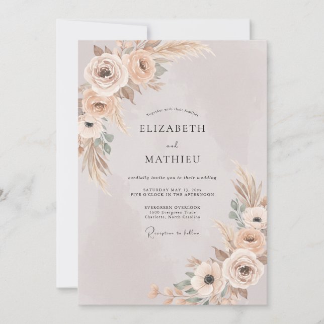 Convites Casamento Champanhe Folhagem Pampas Eucalipto (Frente)