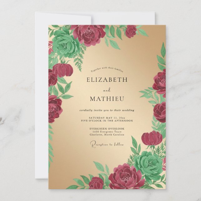 Convites Casamento Champanhe Folhas Carmesim (Frente)