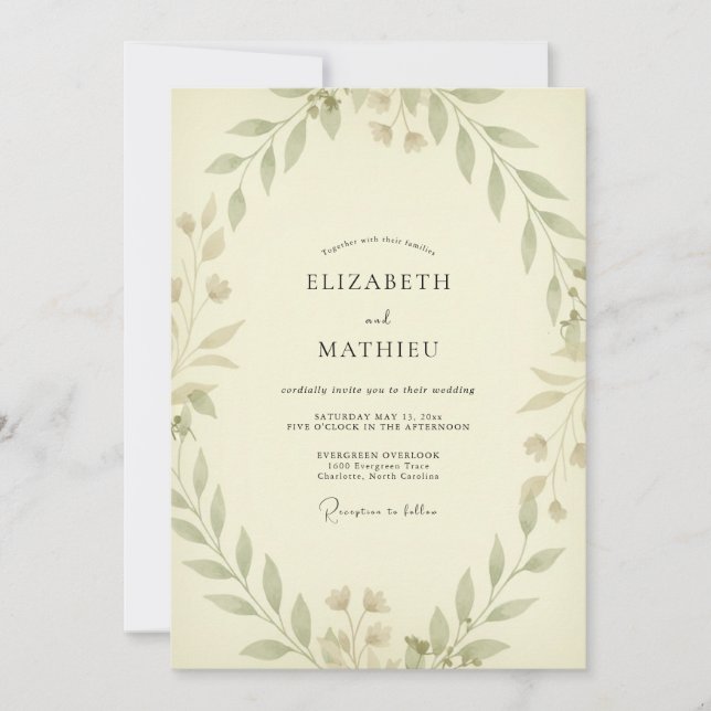 Convites Casamento Champanhe Olive Foliage Eucalipto Empoei (Frente)