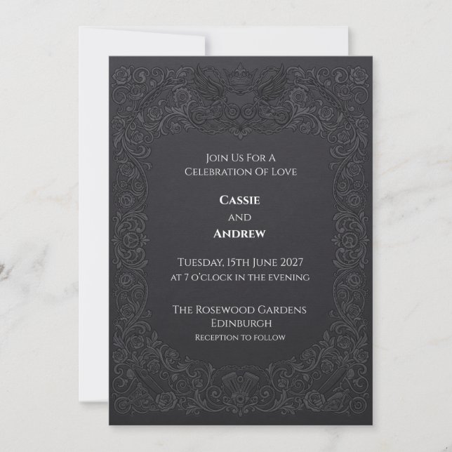 Convites Casamento Charcoal Gothic Rosa Corvo (Frente)