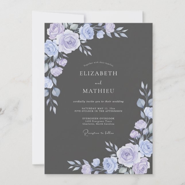 Convites Casamento Charcoal Lilac Folhoso (Frente)