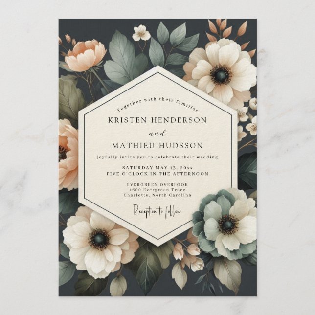 Convites Casamento Charcoal Moody Bloom (Frente)