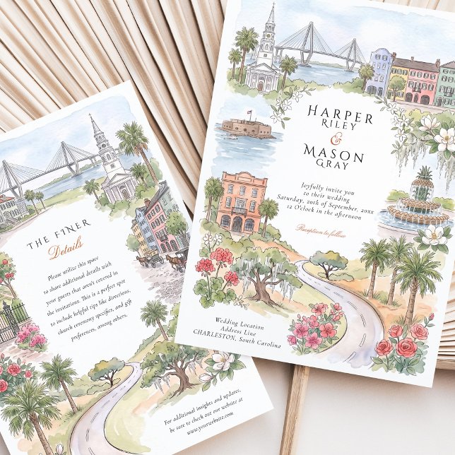 Convites Casamento Charleston Rainbow Row Pineapple Fountai (Criador carregado)