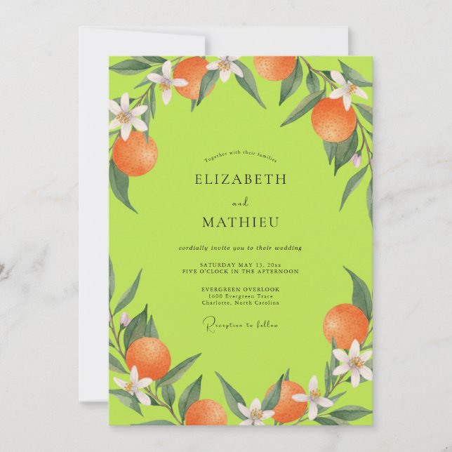 Convites Casamento Chartreuse Laranja Cítrico Eucalipto (Frente)
