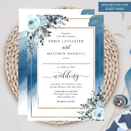 Convites Casamento Chic Blue Watercolor e Floral Guest Name
