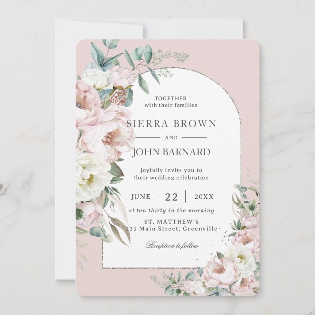 Convites Casamento Chic Blush Pink Ivory Peonies Floral Arc (Frente)
