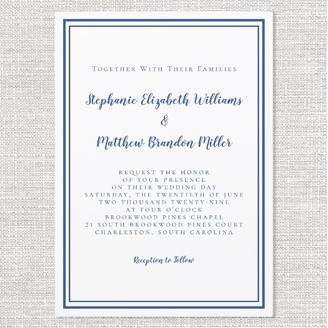 Convites Casamento Chic Branco Branco Clássico Minimalista  (Simple Minimalist Classic Navy Blue White Chic Wedding Invitation)