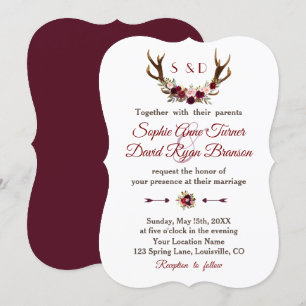 Convites Casamento Chic Burgundy Marsala Floral Antlers