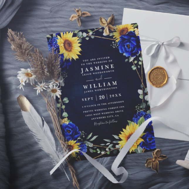 Convites Casamento Chic Código QR Girassóis Rústicos Azul R (Criador carregado)