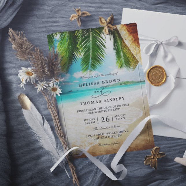 Convites Casamento Chic com Código QR de Destino de Praia T (Criador carregado)
