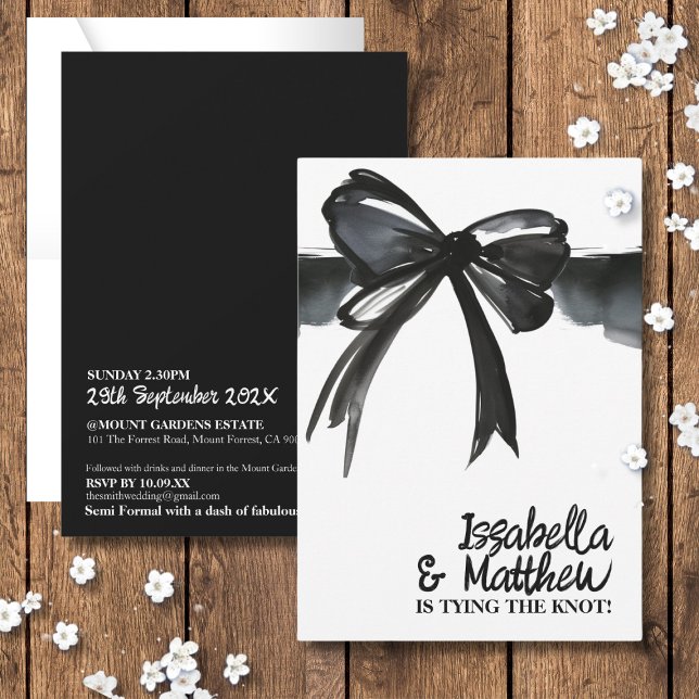 Convites Casamento Chic com Fita de Casando Branco Negro (Black White Bow Tying The Knot Ribbon Chic Wedding Invitation watercolor script modern elegant bold)