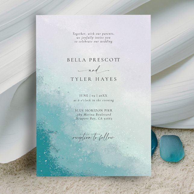 Convites Casamento Chic com Lavanda de Vidro de Praia Coste (coastal wedding invitation sea glass teal blue lavender purple modern ocean beach elegant chic)