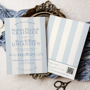 Convites Casamento Chic com Listras Azul Poeirento QR Code
