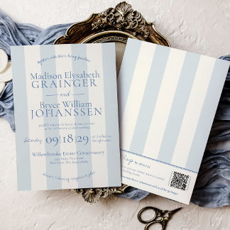 Convites Casamento Chic com Listras Azul Poeirento QR Code