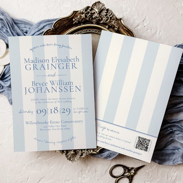 Convites Casamento Chic com Listras Azul Poeirento QR Code  (Elegant Dusty Blue and Ivory Stripes Classic Simple Coastal Chic Modern QR Code Wedding Invitation)