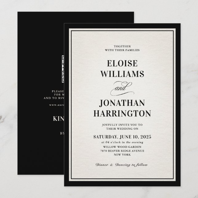 Convites Casamento Chic com QR Code Preto Moderno e Dinheir (Frente/Verso)
