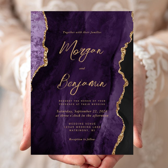 Convites Casamento Chic com Script Moderno em Ágata Roxa (Criador carregado)