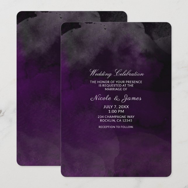 Convites Casamento Chic com Tons de Roxo Moderno em Aquarel (Frente/Verso)