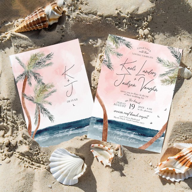 Convites Casamento Chic Costeiro de Árvores de Palma de Pra (Modern tropical beach watercolor palm trees, navy ocean, pink sunset, destination wedding invitation)