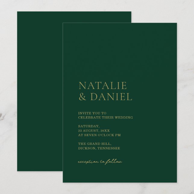 Convites Casamento Chic Dourado e Verde Esmeralda (Frente/Verso)