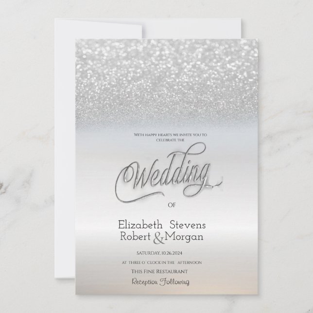 Convites Casamento Chic Elegant Silver Glitter Bokeh (Frente)