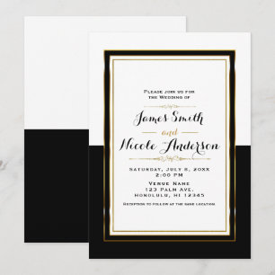 Convites Casamento Chic Elegante Preto Branco e Dourado