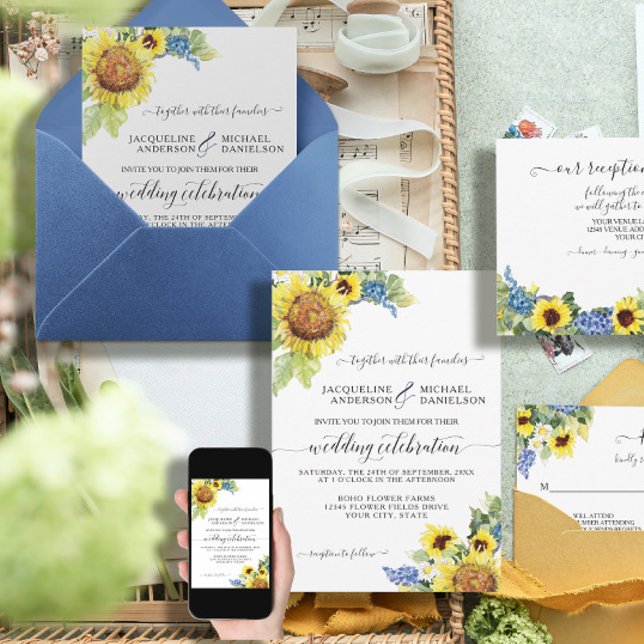 Convites Casamento Chic Eucalyptus BOHO Azul Floral Sunflow (Criador carregado)