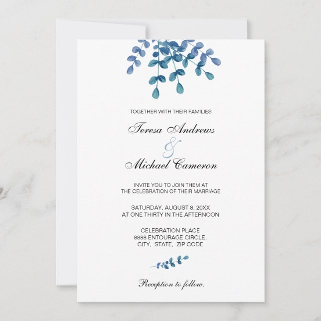 Convites Casamento Chic Eucalyptus Greenery Watercolor (Frente)