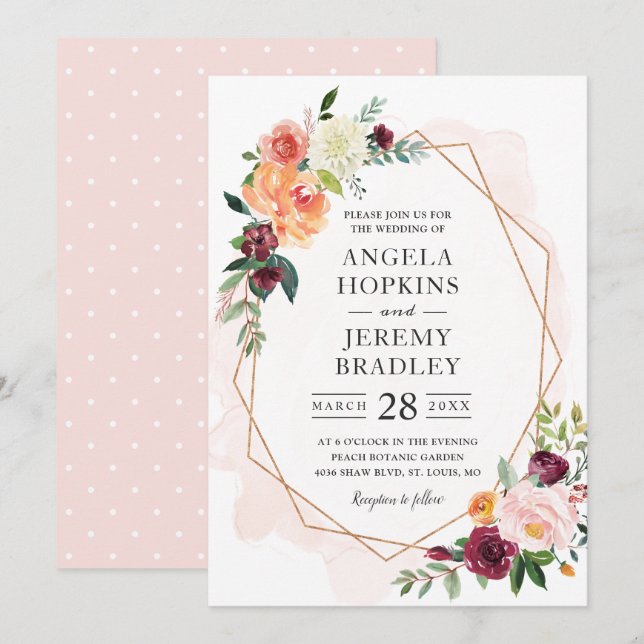 Convites Casamento Chic Floral de Blush Geométrico Moderno (Frente/Verso)