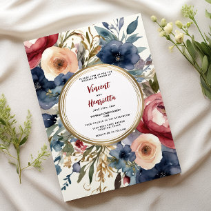 Convites Casamento chic floral de marinho azul burgundy