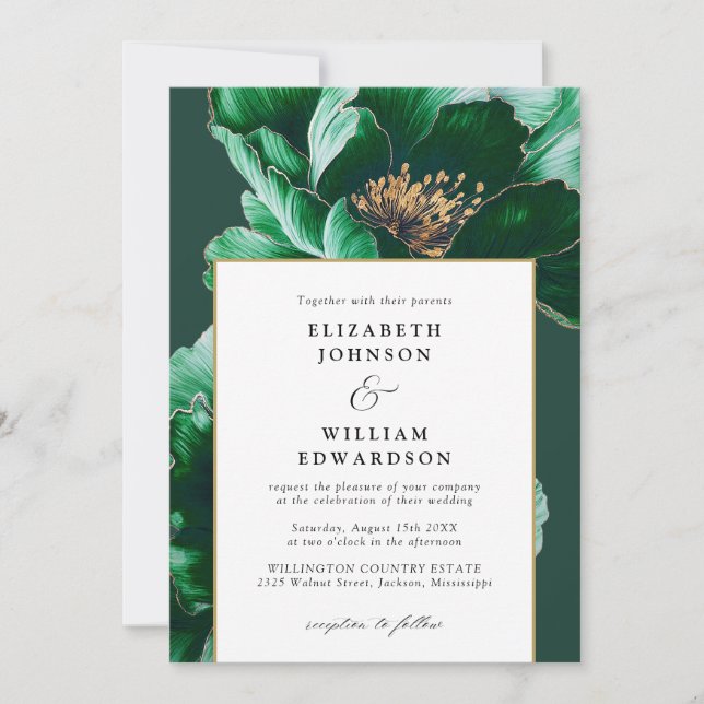 Convites Casamento Chic Floral Moderno em Verde Esmeralda e (Frente)