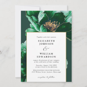 Convites Casamento Chic Floral Moderno em Verde Esmeralda e