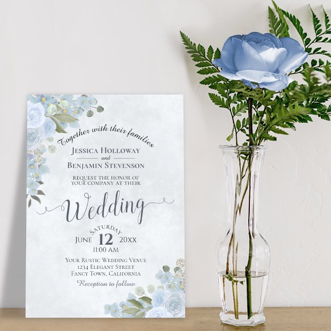 Convites Casamento Chic Floral Rustic Dusty Blue Watercolor (Criador carregado)