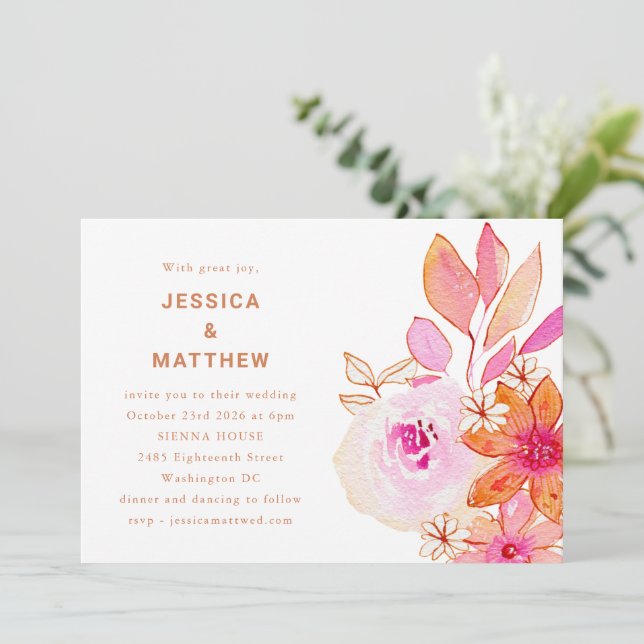 Convites Casamento Chic Flores Laranja Rosa Aquarela Boho (Em pé/Frente)