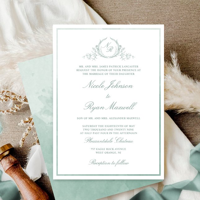 Convites Casamento Chic Formal Monograma Verde Pálido (Criador carregado)