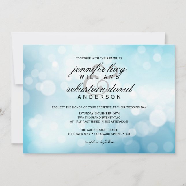 Convites Casamento Chic Luxury Blue Bokeh (Frente)