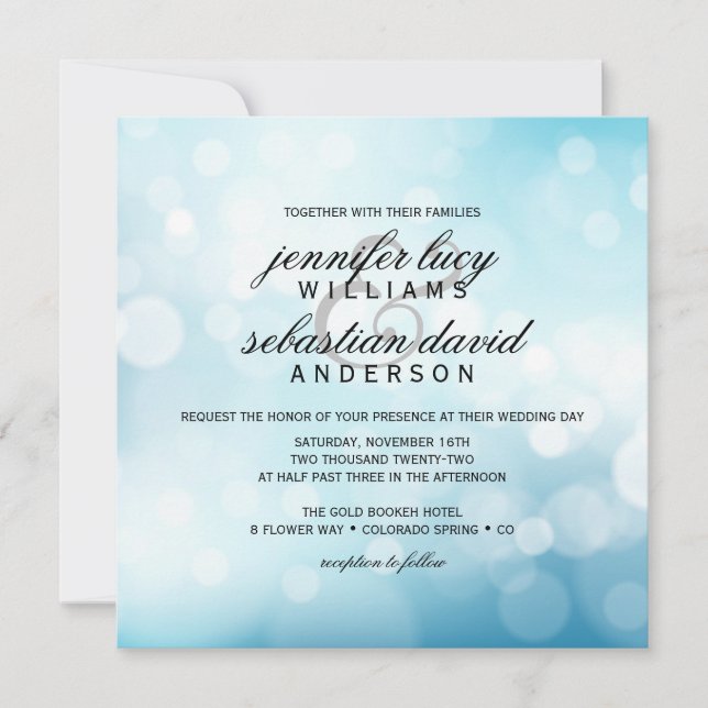 Convites Casamento Chic Luxury Blue Bokeh (Frente)