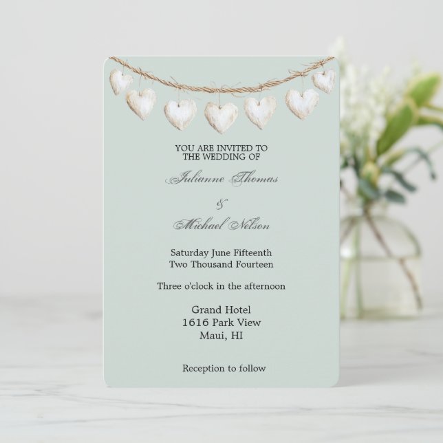 Convites Casamento Chic Mint Green White Hearts (Em pé/Frente)