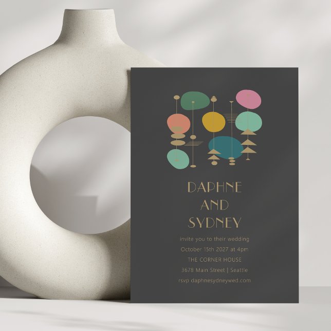 Convites Casamento Chic Moderno de Meio século Negro Atômic (Criador carregado)