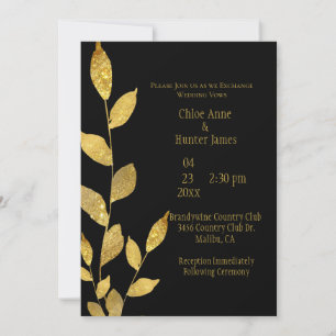 Convites Casamento Chic Moderno Dourado Folha Negra Elegant