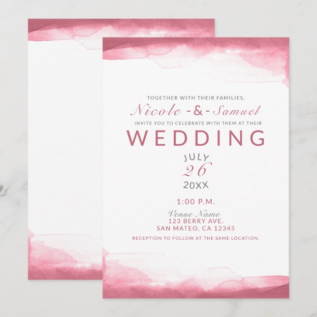 Convites Casamento Chic Moderno em Aquarela Rosa Roxo Framb (Frente/Verso)