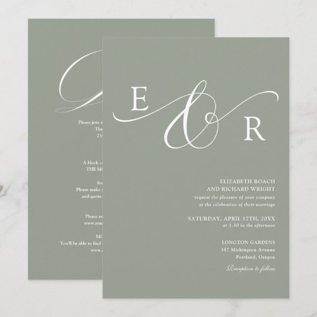 Convites Casamento Chic Monograma Tudo Em Um Verde Sage (Frente/Verso)