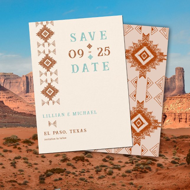 Convites Casamento Chic Ocidental no País Cowboy Salve a Da (cowboy country western desert wedding save the date aztec pattern terracotta teal)